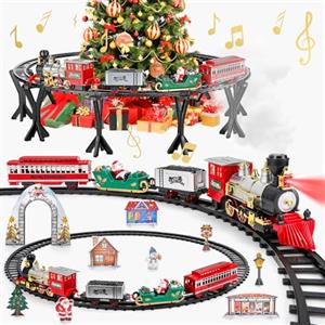 deAO Trenino Natalizio Elettrico per Bambini con Supporto Installazione, Treno Giocattoli Albero di Natale con Luci e Suoni, Locomotiva a Vapore Kit Binari, Regalo Natale per Bambini