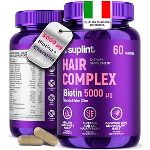SUPLINT Integratori per Capelli - Biotina 5000 µg + MSM + Cheratina - Crescita Rapida & Anti-Caduta Donna - Vitamine per Capelli - 60 Capsule per 2 Mesi di Trattamento (1 Pack)