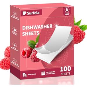 Surfela Fogli per lavastoviglie - 100 lavaggi, senza plastica e sostenibile, pulizia potente con enzimi proteasi contro proteine e grassi, ricambio ecologico per pastiglie per lavastoviglie