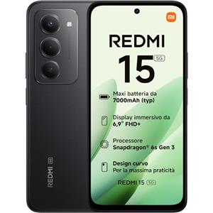 Xiaomi Redmi 15 5G, Smartphone 8+256GB, Display FHD+ da 6,9" 144Hz, Snapdragon® 6s Gen 3, Camera principale da 50MP, 7000mAh, Garanzia di 2 anni, Nero, Caricabatterie non incluso