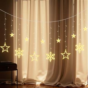 LEDYA Luci Tendina Natalizie con 9 Stelle e 3 Fiocchi di Neve, 138 LED Bianco Caldo, 8 Modalità e Timer, Luci da Finestra a Spina per Decorazioni di Natale, Camera, Matrimonio e Feste