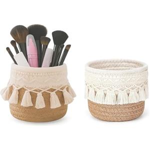 Zbozzba Confezione da 2 Portapennelli color kaki,Cestino portaoggetti decorativo boho,Organizer per cosmetici con nappe per tavolo da trucco,Cestino intrecciato,Mini contenitore per pennelli e eyelin