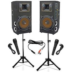 SHARD-LAB IMPIANTO AUDIO KARAOKE pronto all'uso 2 CASSE AMPLIFICATE BLUETOOTH 600W 8 + 2 MICROFONI CON FILO + CAVO PC + 2 STATIVI (alzata ridotta)