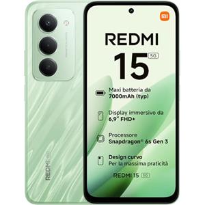 Xiaomi Redmi 15 5G, Smartphone 8+256GB, Display FHD+ da 6,9" 144Hz, Snapdragon® 6s Gen 3, Camera principale da 50MP, 7000mAh, Garanzia di 2 anni, Verde, Caricabatterie non incluso