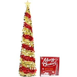 ZPONEED 180cm/6ft Albero di Natale Rosso Gold con supporto, albero di Natale pieghevole pop-up Rosso Gold con paillettes per Natale, Halloween, feste, decorazione domestica