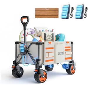 Litheli Carrello elettrico pieghevole, pieghevole, doppio motore con freni, portata 150 l, 60 kg, adatto per campeggio, giardino, spiaggia, shopping (beige + tavolo)