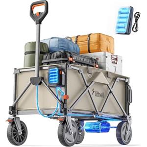 Litheli Carrello elettrico pieghevole, con pneumatici da 20 cm, capacità di 200 l, portata 60 kg, 2 freni, adatto per campeggio, giardino, spiaggia, shopping, beige