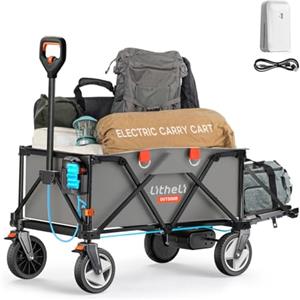 Litheli Carrello elettrico pieghevole, pieghevole, con freni, portata 200 l, 60 kg, adatto per campeggio, giardino, spiaggia, shopping (grigio, 1 batteria)