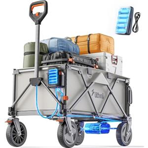 Litheli Carrello Elettrico, Carrello Spiaggia Pieghevole con Ruote Portatutto da 20cm, Capacità 200L, Carico di 60kg, 2 Freni, Adatto per Campeggio, Giardino, Spesa (1 Batteria)