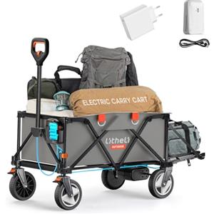 Litheli Carrello elettrico pieghevole, pieghevole con freni, portata 200 l, 60 kg, adatto per campeggio, giardino, spiaggia, shopping (grigio, 1 batteria e caricatore)