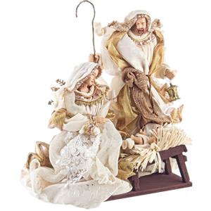 BIZZOTTO ANDREA NATALE Sacra Famiglia Fastosa Champagne 38cm, statuina presepe elegante in resina e tessuti pregiati, decorazione natalizia raffinata