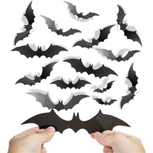 Milaloko Pipistrelli decorativi da parete, 60 pezzi, decorazioni per Halloween a pipistrello, 4 misure, in PVC, nero, 3D, adesivi per feste di Halloween, decorazioni per interni ed esterni, fai da te,