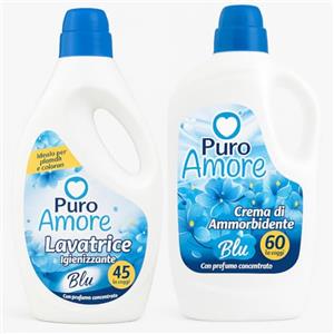 Generico Puro Amore Combo Detersivo Lavatrice Igienizzante Blu 45 Lavaggi + Ammorbidente Concentrato Crema Blu 60 Lavaggi - Profumo Fresco e Duraturo