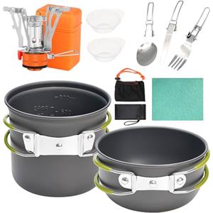 Herbst Set di pentole da campeggio, 11 pezzi, set di stoviglie da campeggio, con mini fornello da campeggio, pentola pieghevole a gas e posate pieghevoli, panni per la pulizia all'aperto e picnic