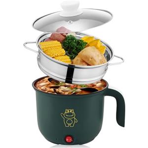 BORDEAG Mini fornello antiaderente, 1.8 l, pentola elettrica, pentola portatile, mini fornello portatile per bistecca, pasta, uova, Avena, Ramen, con vapore, verde
