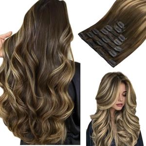 HOTBANANA Extension Capelli Veri Clip, Balayage da Castano Cioccolato a Biondo Caramello Extension Clip Capelli Veri 40cm 7pcs Remy Umani Naturali Capelli Extensions 120g