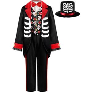 ReliBeauty Costume Scheletro Bambino Vestito Mariachi Catrin Messicano con Papillon e Cappello Dia de los Muertos Halloween, 140