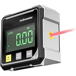 Ruaizel Goniometro digitale magnetico a 4 lati con laser, ad alta precisione, inclinometro inclinometro con display LCD, livella a bolla per lavori in legno, costruzione, macchinari