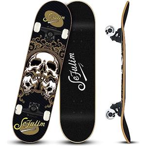 Sefulim 31 x 8 Pollice Completo Skateboard 7 Strati Acero Canadese Doppio Kick Deck Concavo Cruiser Trick Skateboard per Ragazzi Ragazze Adolescenti Adulti Principiante（skull）
