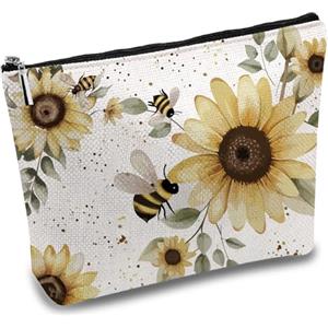CREATCABIN Api Girasole Borse Il Trucco Borsa Cosmetici in Policotone Astuccio Multiuso Cerniera Metallo Borsa Organizer Borsa Viaggio Articoli Toeletta Borse Accessori Il Trucco Regali Donne 25x18cm