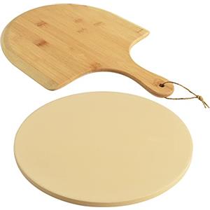 homEdge Set di pietre per pizza, in cordierite rotonda, resistente, per pane, pizza, resistente agli shock termici, con pala in bambù, 25 cm (diametro)