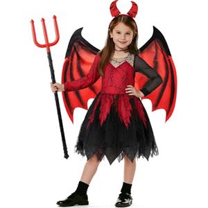 Mishopy Costume Diavolo Bambina Costumi Halloween Ali da Diavolo Mantello con Cerchietto e Tridente Vestito Diavoletta per Carnevale Natale Compleanno Cosplay (M, 5-6 Anni)