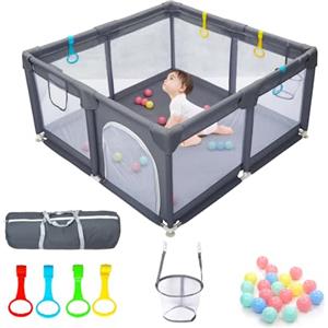 CHOLY Playpen for Baby and Toddlers, Durable Play Pen with Visible Breathable Mesh, Foam Protection, Easy to Assemble Infant Fence -128 × 128 cm (grigio scuro, 128 x 128 cm)