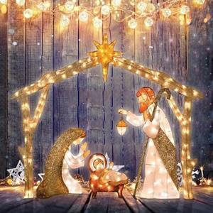 FPFPF Presepe illuminato da esterno, Presepe for decorazioni natalizie da esterno, Set Sacra Famiglia natalizia for cortile, prato, giardino, Presepe di Natale, Presepe da esterno in metallo, Presepe da est