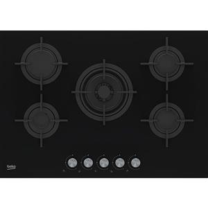 Beko HILW75222S - Piano Cottura a Gas da Incasso 75 cm, 5 Fuochi (1 Wok High Power da 5 kW), Vetro nero, Bruciatori SABAF made in Italy