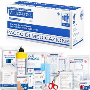 AIESI® kit di reintegro ALLEGATO 1 SENZA SFIGMOMANOMETRO pacco medicazione per cassetta armadietto di pronto soccorso aziende più 3 dipendenti, Conforme DM388/DL81, Made in Italy