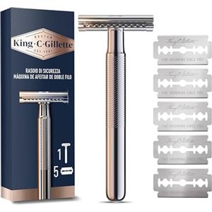 King C. Gillette RASOIO di Sicurezza, 1 Manico, 5 Lamette da Barba, in Acciaio Inossidabile, Lametta rivestita di Platino IDEA REGALO UOMO PER CURA DELLA BARBA
