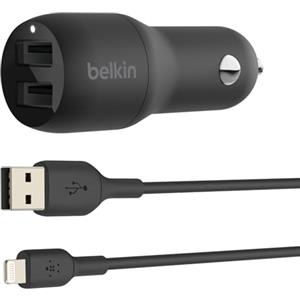 Belkin Doppio caricabatteria da auto USB da 24 W + Cavo Lightning (Caricabatteria con 2 porte USB Boost Charge per iPhone 14/14 Plus, 14 Pro, 14 Pro Max, 13, 12 e modelli precedenti, iPad ed AirPods)