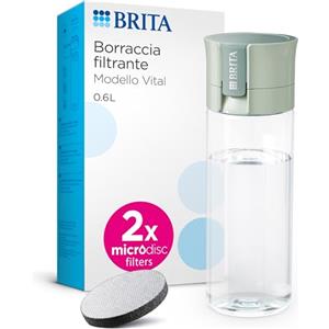 BRITA Borraccia Filtrante Vital verde (600 ml) incl. 2xfiltri MicroDisc - riduce cloro, impurità organiche, PFAS, ormoni e pesticidi e preserva i minerali essenziali