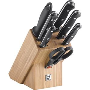 ZWILLING Ceppo di coltelli, 8 Pezzi, Ceppo in bambù, Coltelli e Forbici in Acciaio Inox/Impugnature in Plastica, Twin Chef
