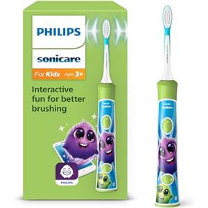 Philips Sonicare For Kids - Spazzolino elettrico sonico con app, studiato per bambini dai 3 anni in su, con SmarTimer e QuadPacer per una pulizia profonda, verde, modello HX6352/11