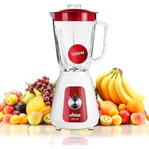 Ufesa BS4717 RUBY RED Frullatore da tavolo, 500 W di potenza, Caraffa in vetro da 1,5 L, Coperchio con chiusura ermetica, 2 velocità + Pulse, 4 lame in acciaio inox