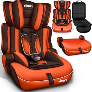 KIDUKU Seggiolino auto con coprisedile, cresce con il bambino, sedile, universale, approvato con la normativa ECE R129/03, 9-36 kg (1-12 anni), gruppo 1+2+3 (Marrone/Arancione)
