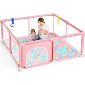 Dripex Box Bambini 124x124 cm, Recinto per Bambini, Box Neonato, Recinto Neonato con Rete Traspirante, Tessuto 210D Oxford, 2 Pezzi Anelli, Rosa