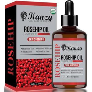 Kanzy Olio di Rosa Mosqueta Puro al 100% Bio 50 ml Olio di Rosa Canina Biologico, Spremuto a Freddo, Vegano e Non Raffinato Rosehip Oil per Viso, Corpo, Capelli, Pelle, e Mani