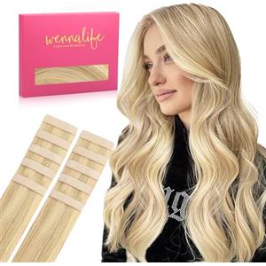 WENNALIFE Extension Capelli Veri Biadesivo, 10pz 30cm 20g Biondo Chiaro con Riflessi Biondi Dorati Extension Biadesive Capelli Veri Lisci Remy Tape in Hair Extensions Capelli Setosi