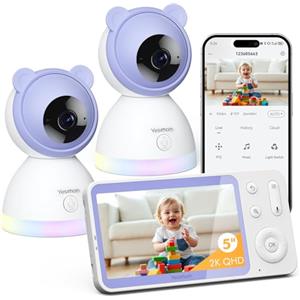 YESIMOM 2K Baby Monitor Video e Audio, Telecamera Bambini Supporto Controllo Tramite Cellulare APP & 5" Monitor, Videocamera Neonato con Luce Notturna, 360° PTZ, Allarmi Pianto e Movimento（8TM-2PZ