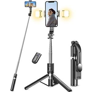 Pnitri Bastone Selfie Treppiede Migliorato- 2 Luce di Riempimento, 114 CM Selfie Stick Treppiede per Telefono Extra Lungo con Telecomando Staccabile Compatibile con iPhone Samsung Smartphones
