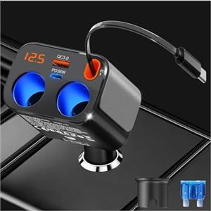 Qidoe Caricabatterie Retrattile per Auto, 180W 2- Prese Accendisigari Splitter, 30W PD Cavi di Ricarica Retrattile e QC 3.0 e PD36W Caricabatterie da Auto con Interruttore per GPS/Dash Cam/Telefono