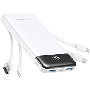 Charmast Power Bank 10000mAh con Cavi Integrati,Caricatore Portatile USB C 5V/3A Powerbank LED Display con 6 Uscite e 3 ingressi per iPhone Huawei Xiaomi (bianco)