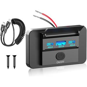 Qidoe Presa USB C 12V per Camper: 3 Porte Presa USB per Caricabatteria da Auto Doppia PD 3.0 e QC3.0 Presa di Ricarica Rapida Con Interruttore e Cavo Tipo C per 12V/24V Barche, Moto, Camion, Golf Cart