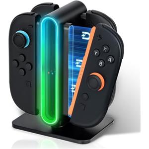 Tolesum 4 in 1 Caricabatterie Controller RGB per Switch 2, Stazione di Ricarica per Joycon 2, 8 Modalità di Illuminazione RGB, Accessori per Switch 2 - Nero