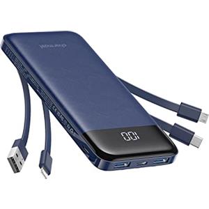 Charmast Power Bank 10000mAh con Cavi Integrati,Caricatore Portatile USB C 5V/3A Powerbank LED Display con 6 Uscite e 3 ingressi per iPhone Huawei Xiaomi (blu)