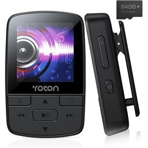 YOTON Lettore MP3 Bluetooth 5.2, Musicale Sportivo Portatile da 64 GB, con Clip, Audio HiFi di Alta Qualità, Volume Indipendente, Radio FM, con Auricolare, Supporta fino a 128 GB, Nero