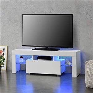 [en.casa] Mobile Porta TV con Illuminazione LED RGB con 2 Ripiani Mensole in Vetro e Scomparti Stand TV Multimediale con Luci e Cassetto 130 x 35 x 45 cm - Bianco