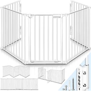KIDUKU® Barriera di sicurezza 300-600 cm per Bambini e Animali | Cancelletto Griglia di Sicurezza per Camino - Preassemblato | Barriera Protettiva Pieghevole per Porte o Scale (Bianco, 240 cm)